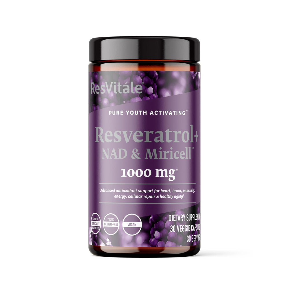 ResVitale bottle front with Resveratrol + NAD and Miricell for daily vitality