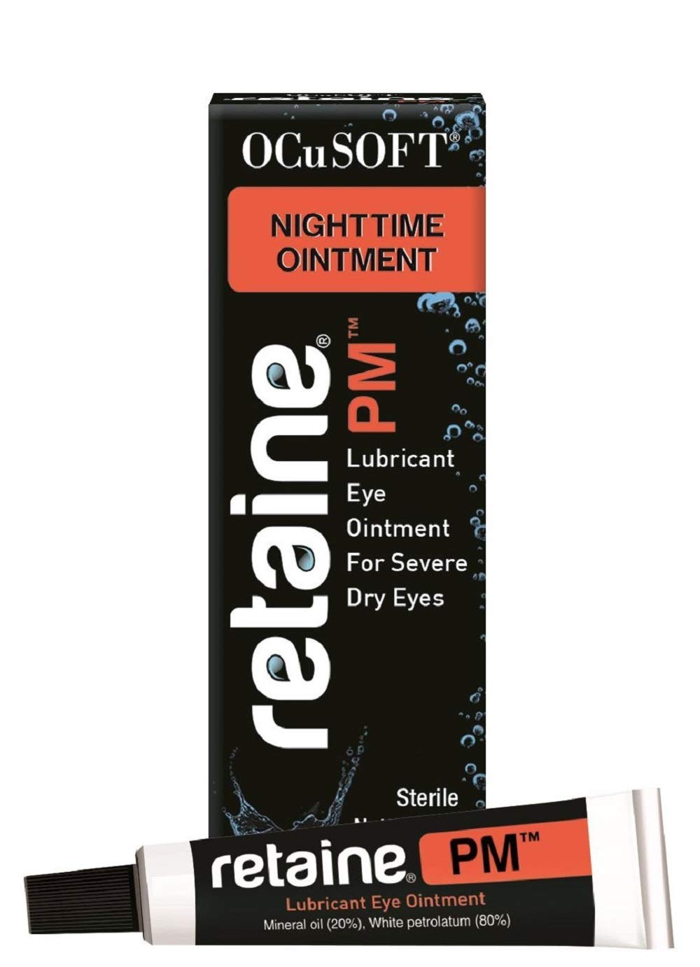 Retaine PM Nighttime Eye Ointment box showing preservative-free lubrication for overnight comfort.
