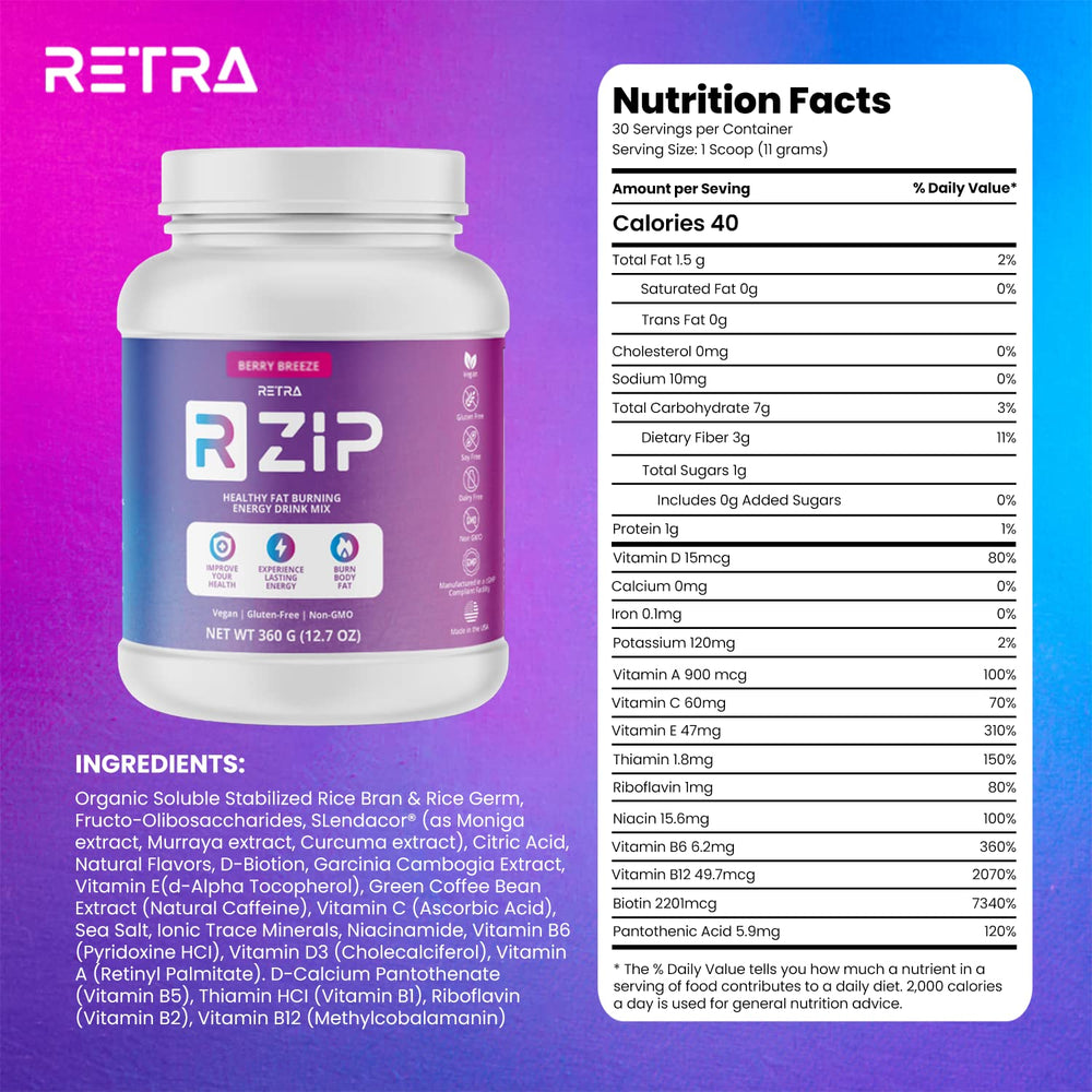 RETRA Zip Berry Breeze canister back label highlights vegan and gluten-free promise.