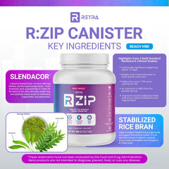 Glass with RETRA Berry Breeze powder ready to dissolve for a refreshing energy boost.