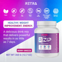 Close-up of RETRA Zip Berry Breeze powder dispersing in water for a smooth sip.