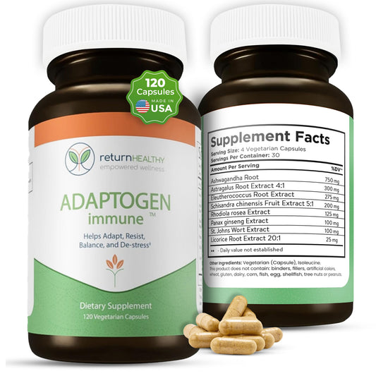Return Healthy Adaptogen Immune bottle with label highlighting stress resilience.