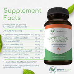 Return Healthy Cryptolepis Concentrate ingredients panel emphasizes natural formulation.