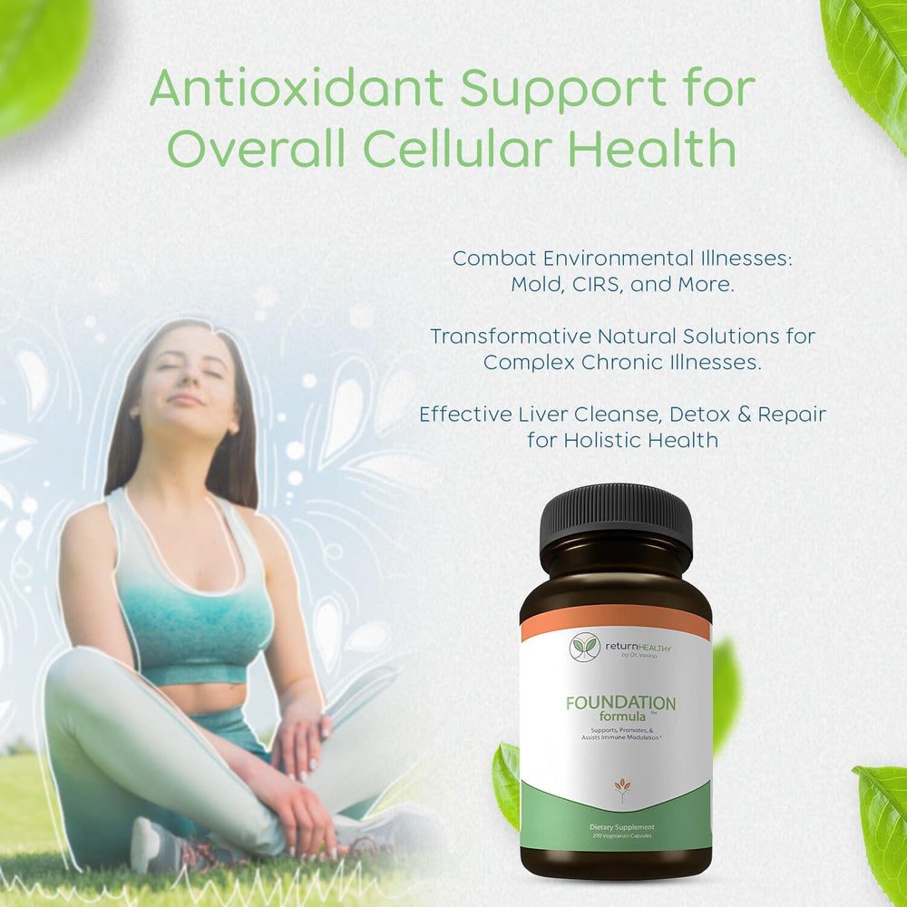 Open bottle of Return Healthy Foundation Formula with capsules spilling gently