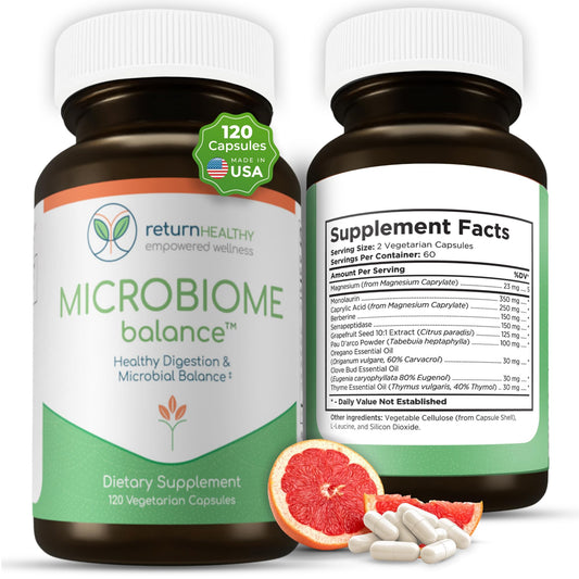 Return Healthy Microbiome Balance bottle shown for daily digestive support