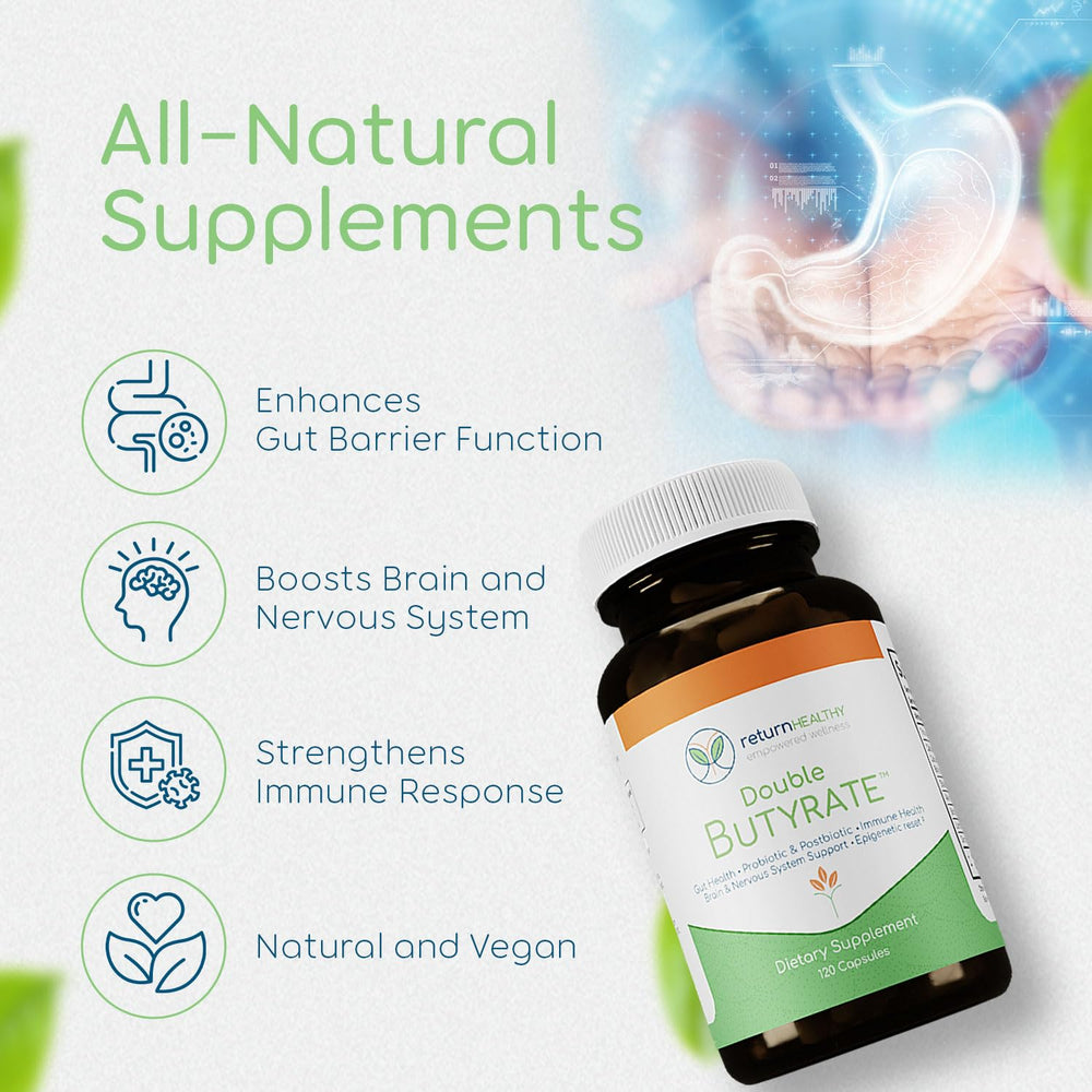 Packaging for Return Healthy Double Butyrate highlights odor-free formula.