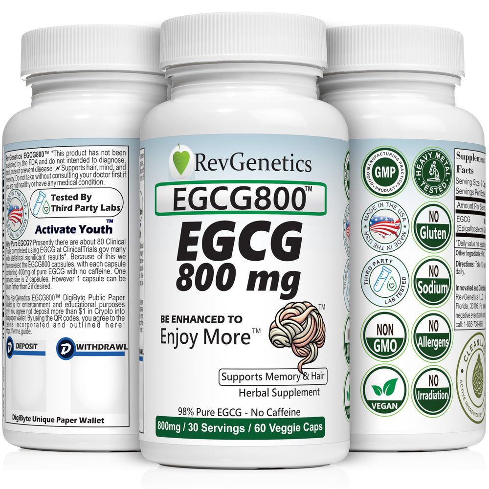 REVGENETICS EGCG 800mg bottle label close up showing clean caffeine free energy support