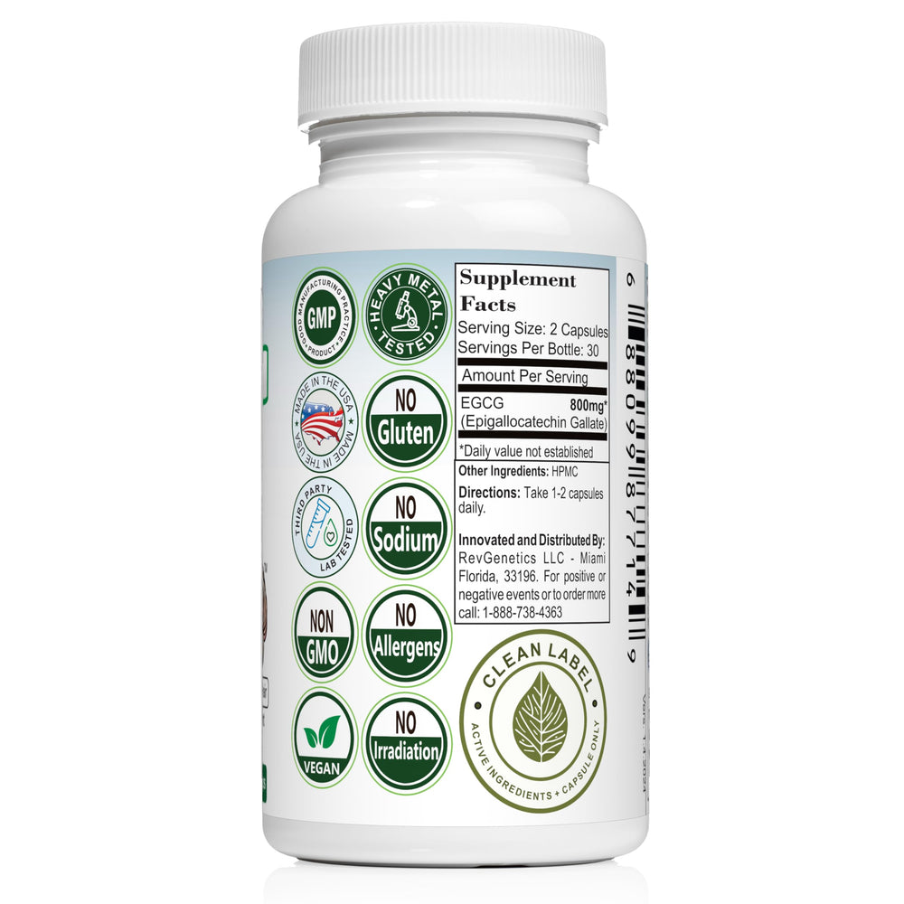 REVGENETICS EGCG 800mg ingredients panel image communicates non GMO and vegan friendly formula