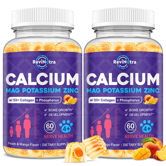 ReviNutra calcium-magnesium-gummies bottle pour highlights a convenient daily bone-support dose.