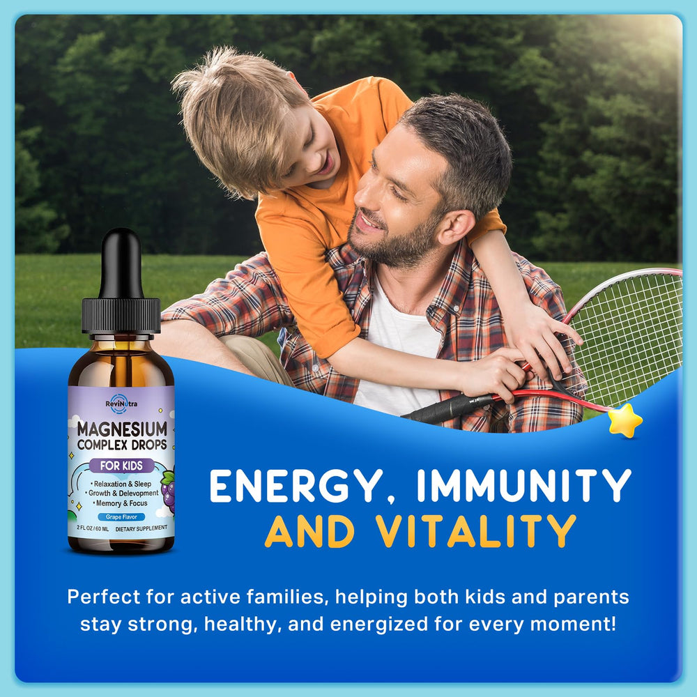 ReviNutra grape-flavored magnesium liquid drops appealing to kids during bedtime routine.
