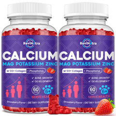 ReviNutra calcium-potassium-magnesium gummies bottle front shows daily bone support.