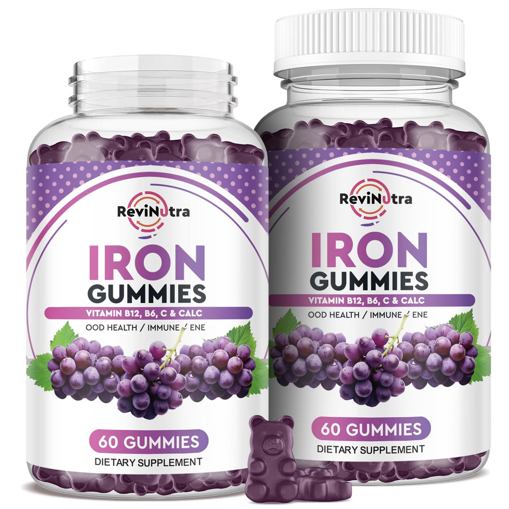 ReviNutra Iron Gummies bottle showing convenient daily iron support with grape flavor.