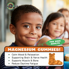 ReviNutra Magnesium Complex gummies closeup, easy chew for family mood support