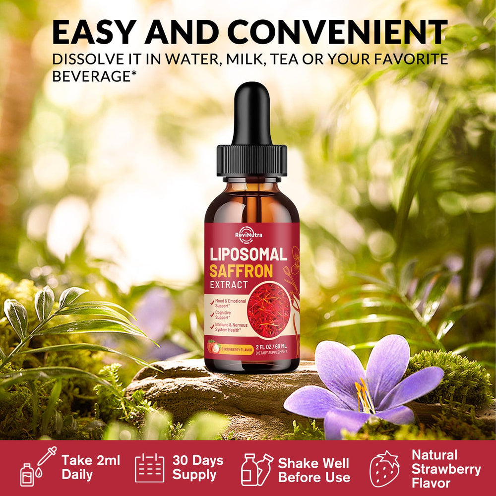 ReviNutra saffron strawberry drops in glass showcase flavor and color