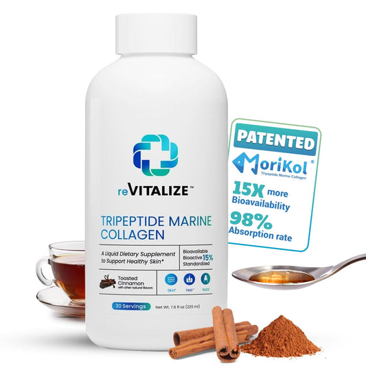 REVITALIZE Liquid Collagen bottle pour, highlighting fast absorption for skin and hair