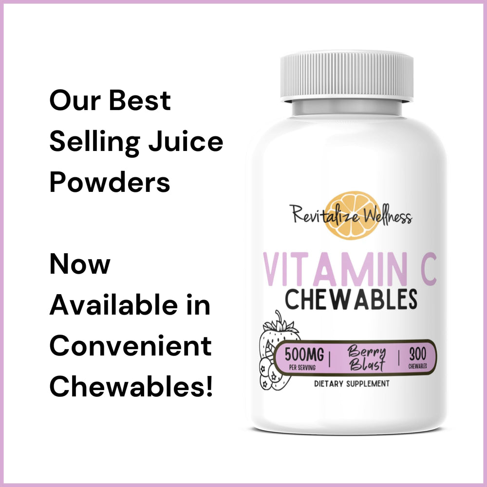Hand holding Revitalize Wellness Berry Blast chewables for easy daily dosing.