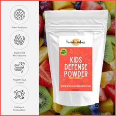 Revitalize Wellness Kids Defense Powder fruit punch flavor shown in a glass invites kids to drink more