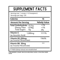 Revitalize Wellness Kids Defense Powder label close-up highlighting vitamin C and B3 ingredients
