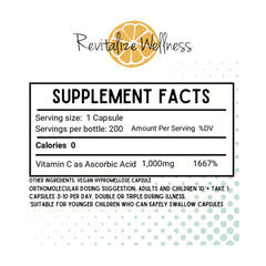 Close-up of Revitalize Wellness Vitamin C capsules showing vegan formula