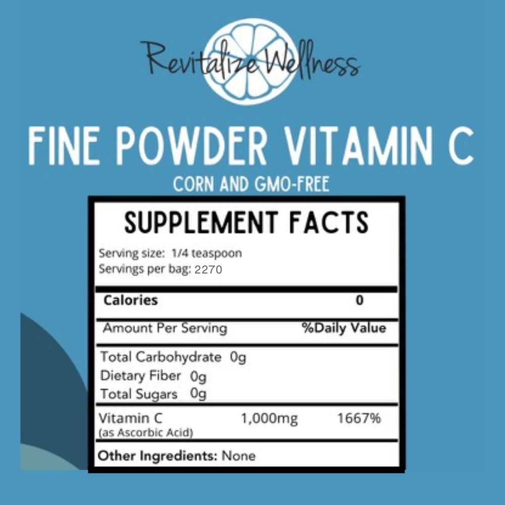 Close-up of Revitalize Wellness Vitamin C powder shows ultra-fine texture for quick dissolving