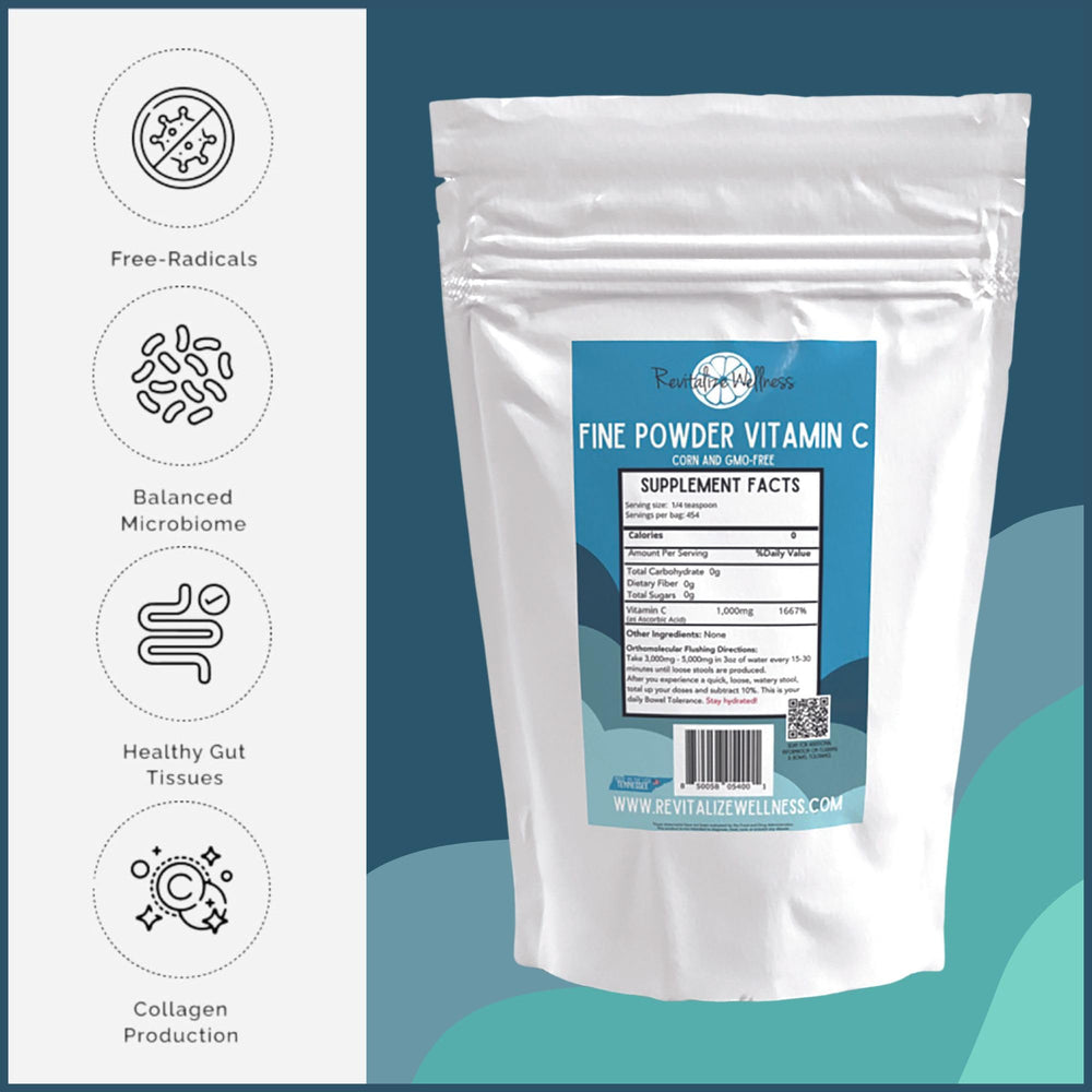 Measuring scoop with Revitalize Wellness Vitamin C powder shows 1000 mg serving