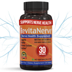 RevitaNerve supplement stacks on shelf illustrate organized neuropathy support.