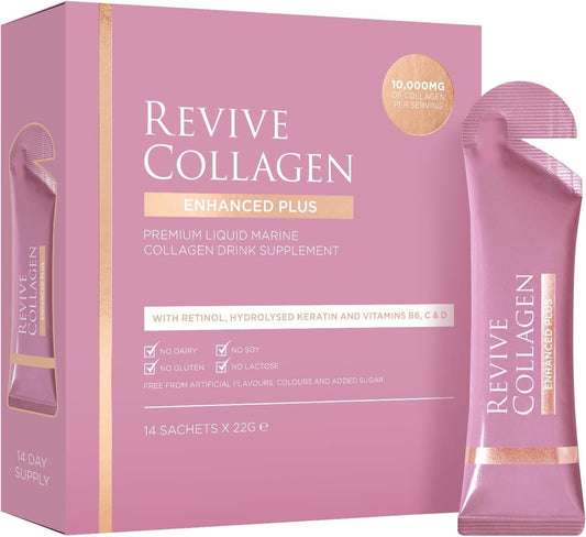 Revive Collagen Enhanced Plus tropical bottle shows a refreshing, sugar-free collagen boost for daily beauty routines