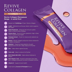 Revive Collagen Menopause Max label detail displays ingredients and key nutrients.