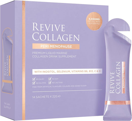 Revive Collagen perimenopause bottle promotes radiant skin health.