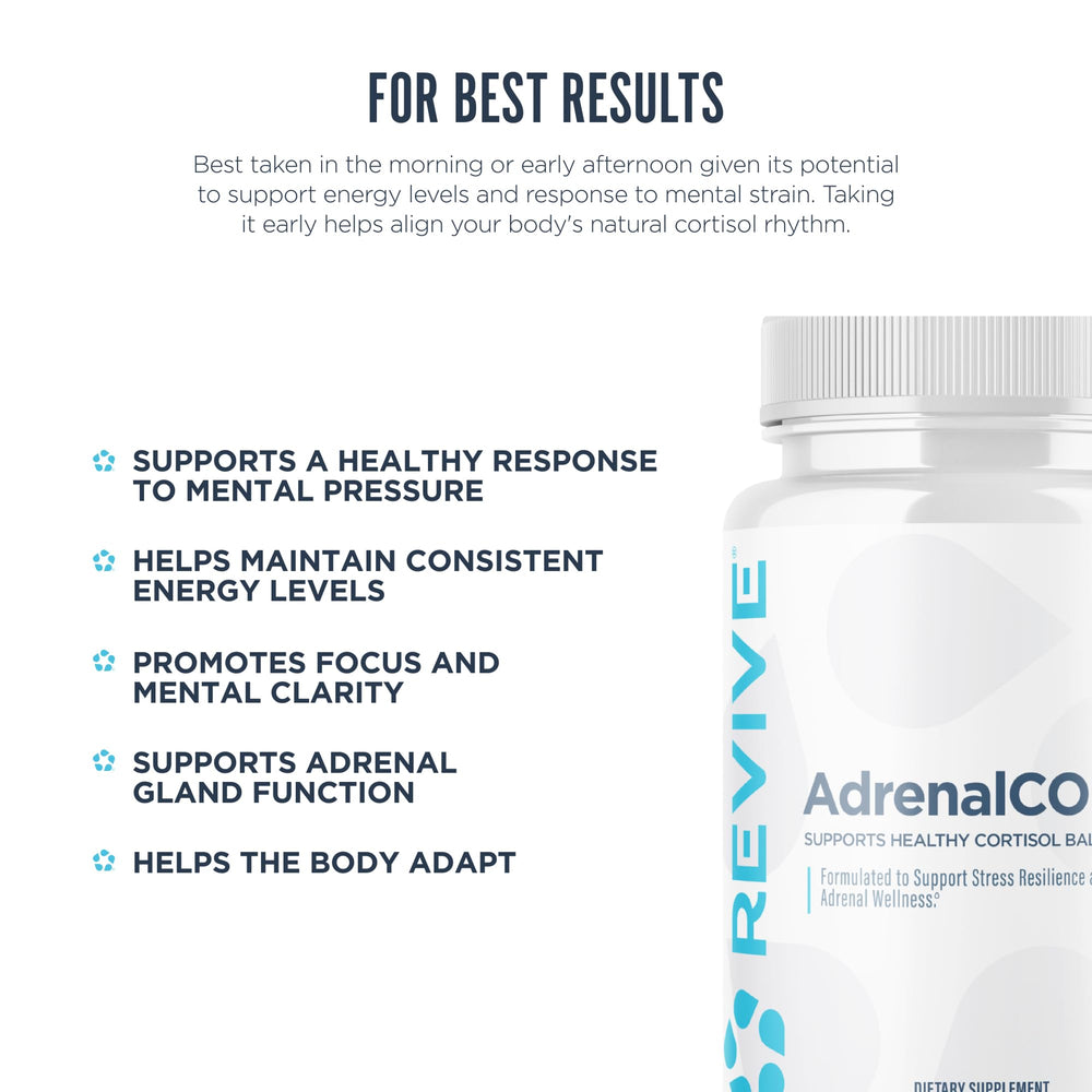 Revive MD AdrenalCORE ingredients blend with ashwagandha and rhodiola.