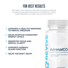 Revive MD AdrenalCORE ingredients blend with ashwagandha and rhodiola.