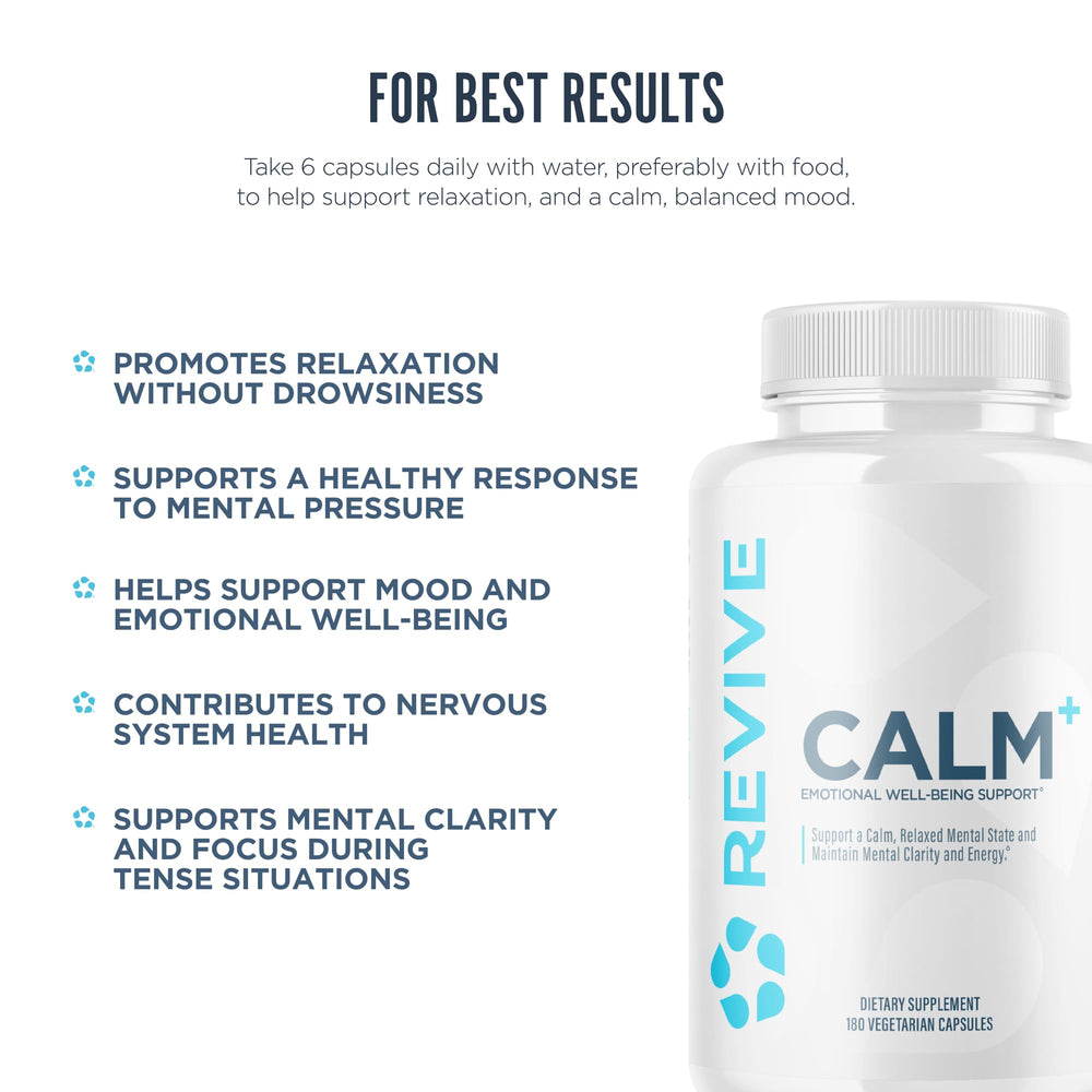 Revive MD Calm bottle with a glass of water