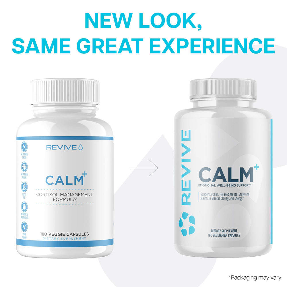 Revive MD Calm packaging highlights 5-HTP and L-Theanine