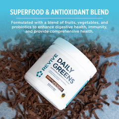 Scoop of Revive MD Daily Green Powder Chocolate ready to mix in water