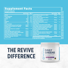 Scoop beside Revive MD Daily Green Powder Fresh Berry tub
