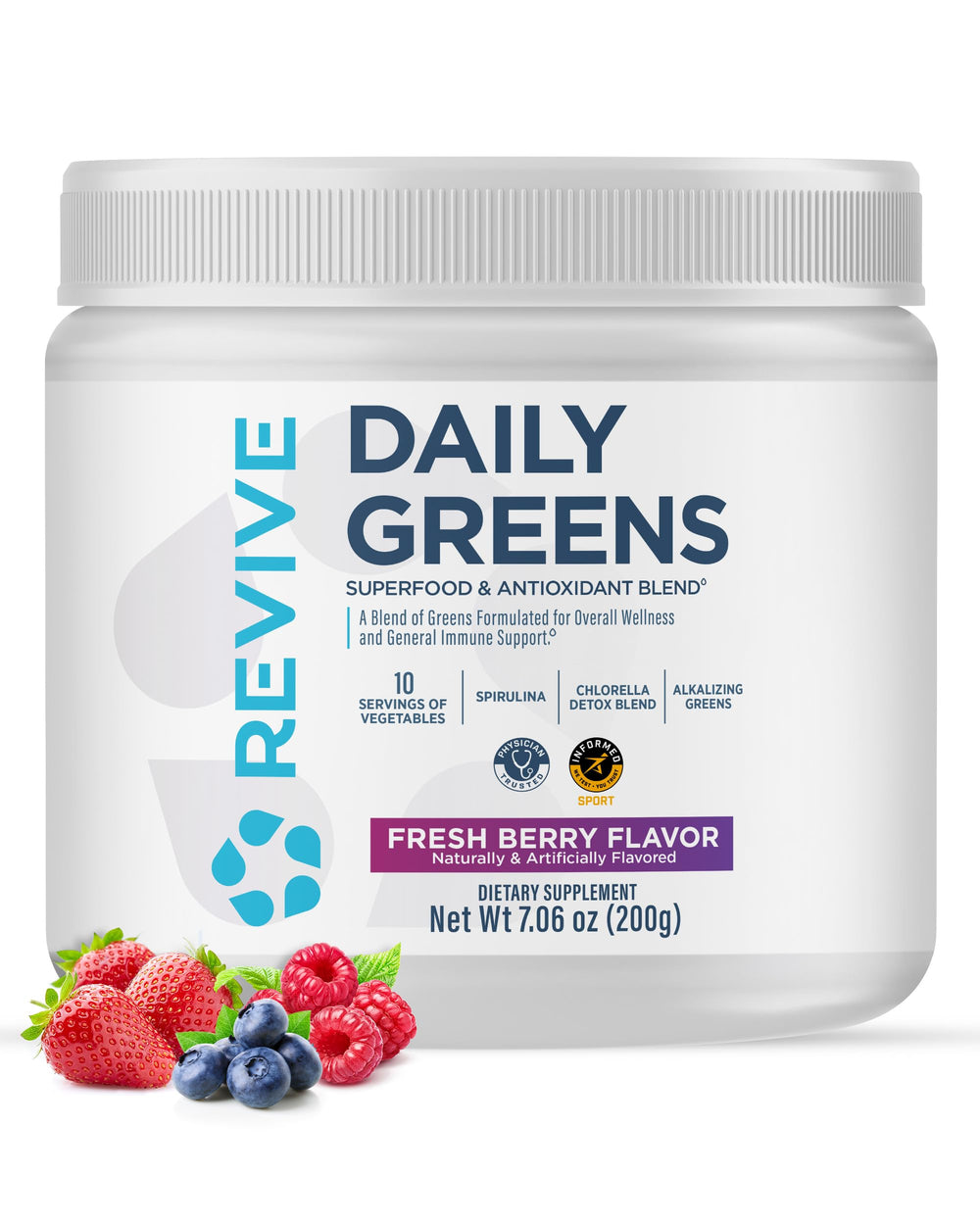 Revive MD Daily Green Powder Fresh Berry tub for daily greens boost