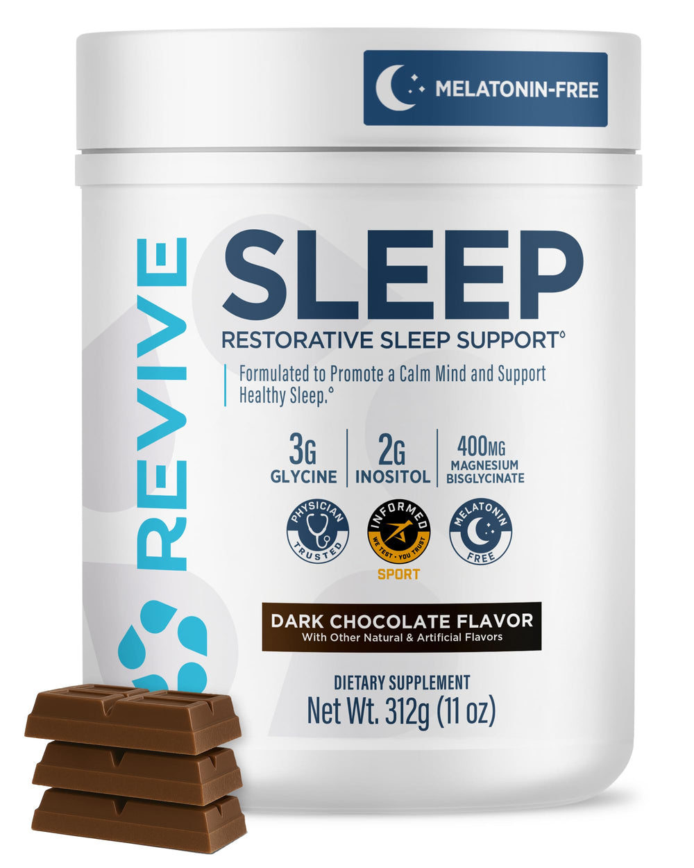 Revive MD dark chocolate sleep support bottle for nighttime relaxation.
