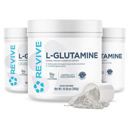 Revive MD Gut L-Glutamine bottle showcases vegan supplement for digestive and overall wellness.