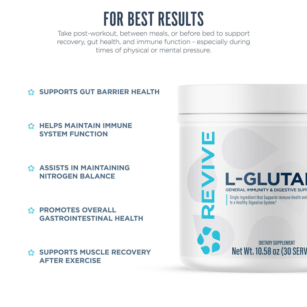 Revive MD glass with water and powder suggests convenient workout-day hydration.