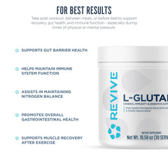 Revive MD glass with water and powder suggests convenient workout-day hydration.