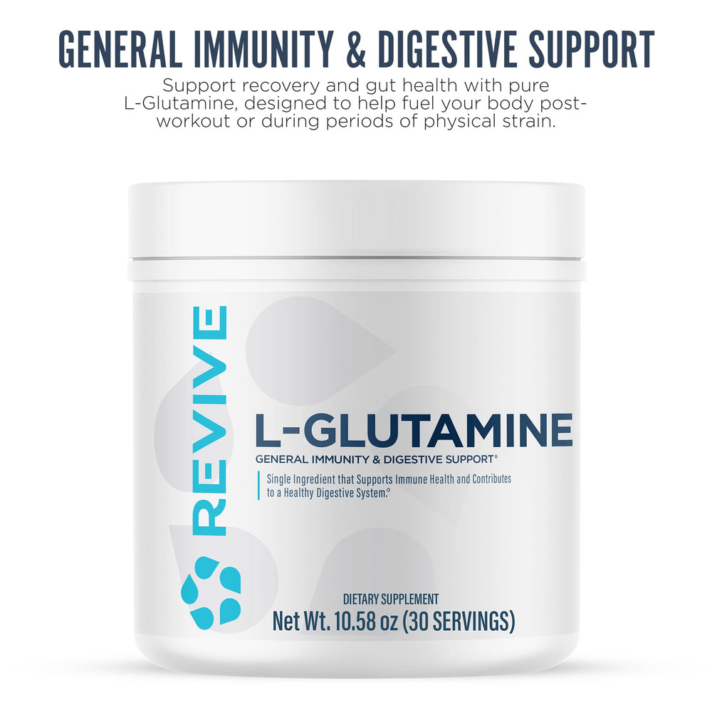 Revive MD L-Glutamine scoop resting beside powder indicates easy daily mixing.