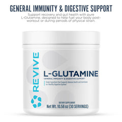 Revive MD L-Glutamine scoop resting beside powder indicates easy daily mixing.