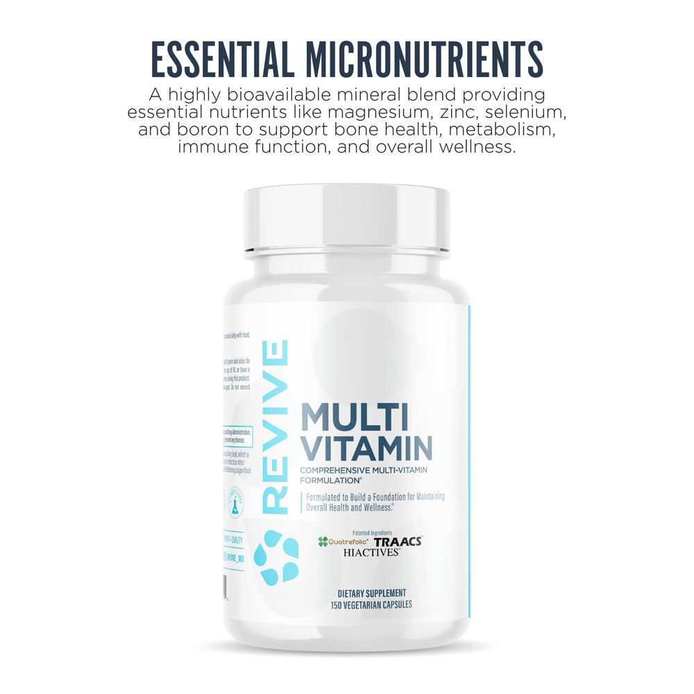 Revive MD Multivitamin capsules ready for daily use with meals to support absorption.