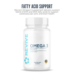 Revive MD Omega-3 bottle open shows easy-to-swallow capsules