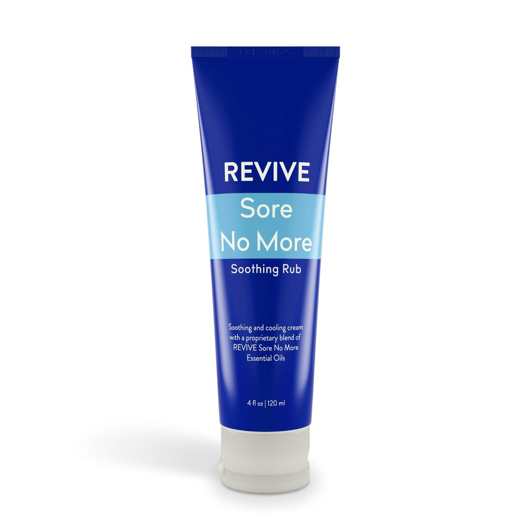 REVIVEEO Sore No More soothing rub jar with menthol cooling for targeted muscle comfort.