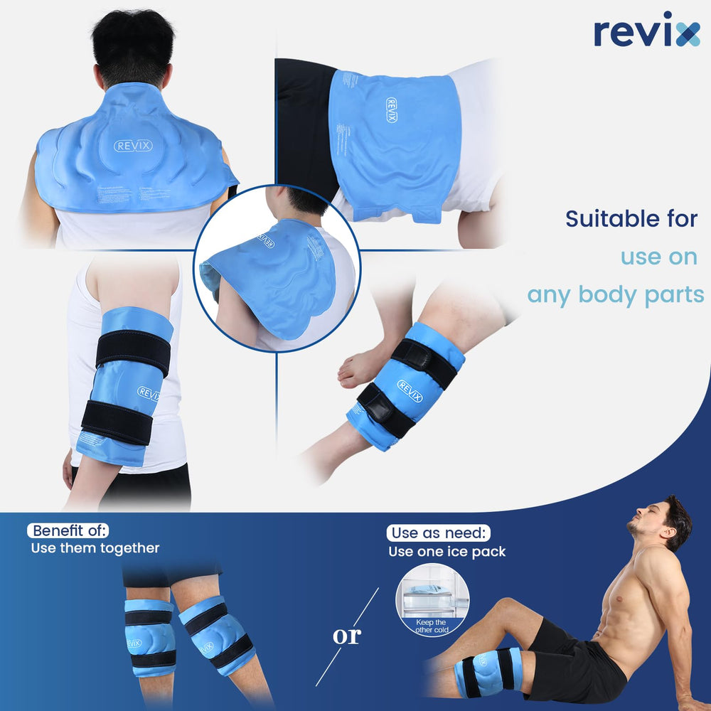REVIX ice pack in use on leg demonstrates versatile at-home cold therapy