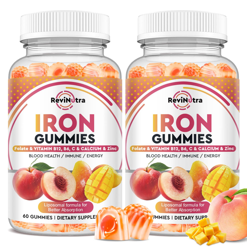 ReviNutra Iron Gummies bottle with peach-mango flavor for easy daily iron support.