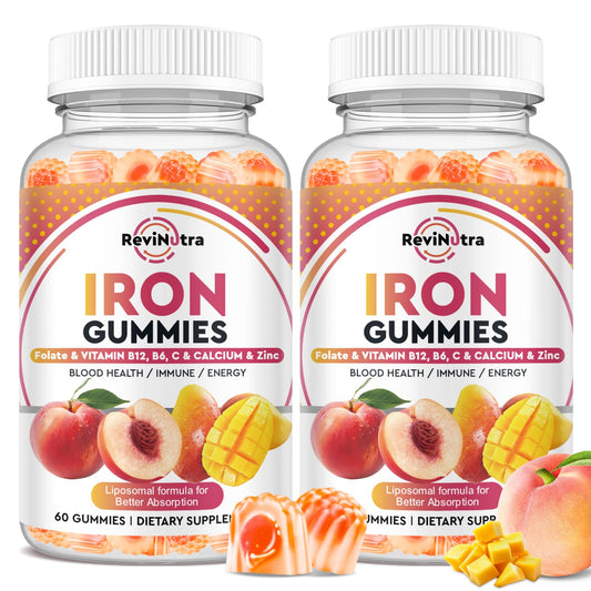ReviNutra Iron Gummies bottle with peach-mango flavor for easy daily iron support.