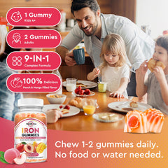 ReviNutra Iron Gummies nutrition-facts panel shows calcium and zinc details.