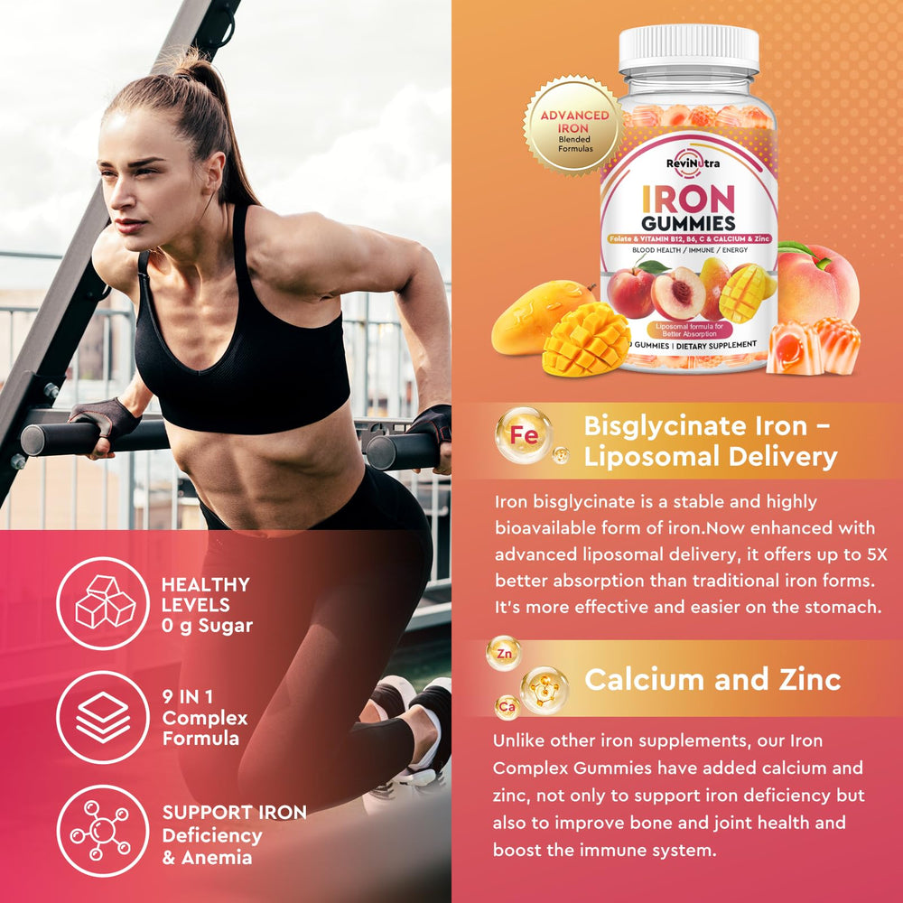 ReviNutra Iron Gummies peach-mango flavor close-up for energizing routines.